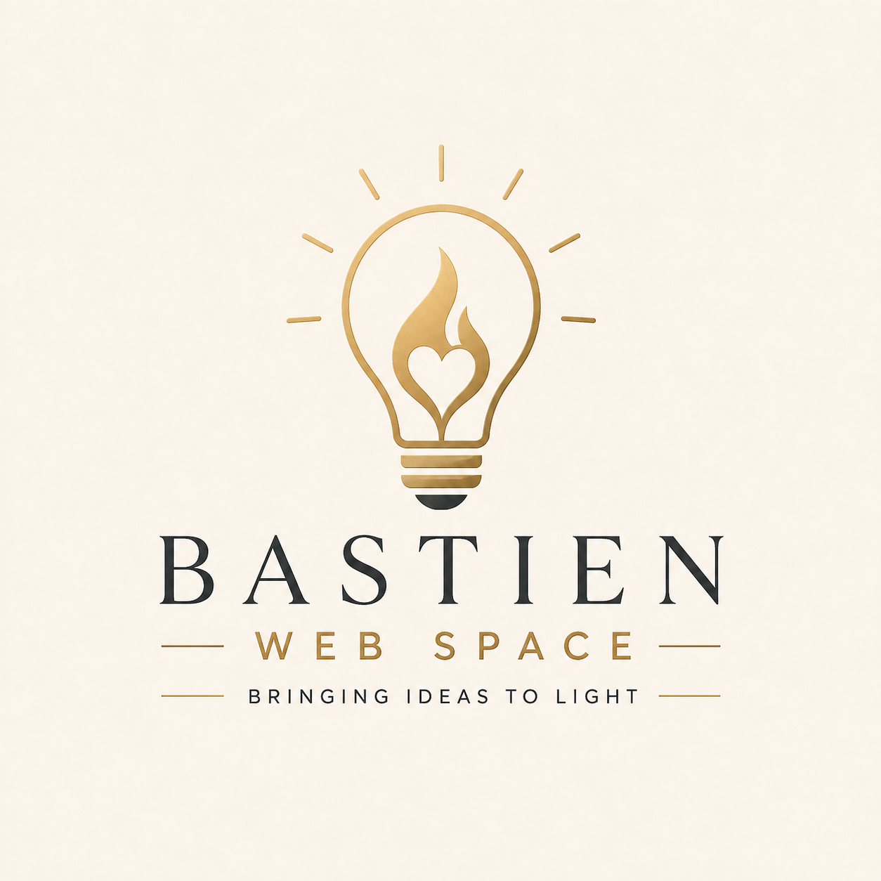 Bastien Web Space logo featuring a gold light bulb with a heart-shaped flame